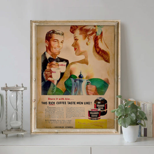 Vintage Coffee Illustration Art Print, Vintage Art, Coffee Couple Kitchen Decor, Coffee Station Art, Rich Coffee, Coffee Advertising