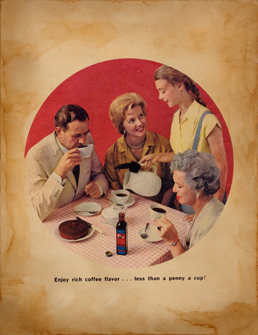 Family Drinking Coffee Vintage Illustration Art Print, Vintage Art, Coffee Advertisement, Coffee Shop Decor