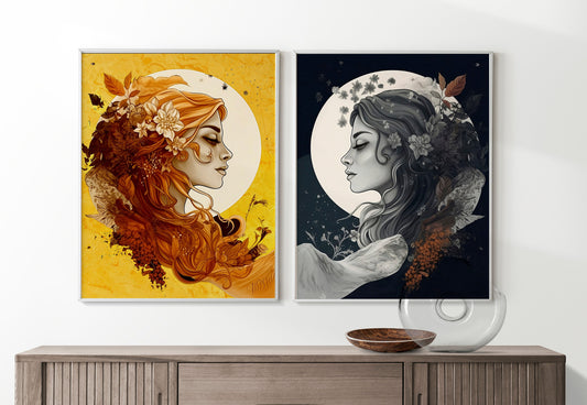Beautiful Woman Power Moon Art, Feminist Art Print Set