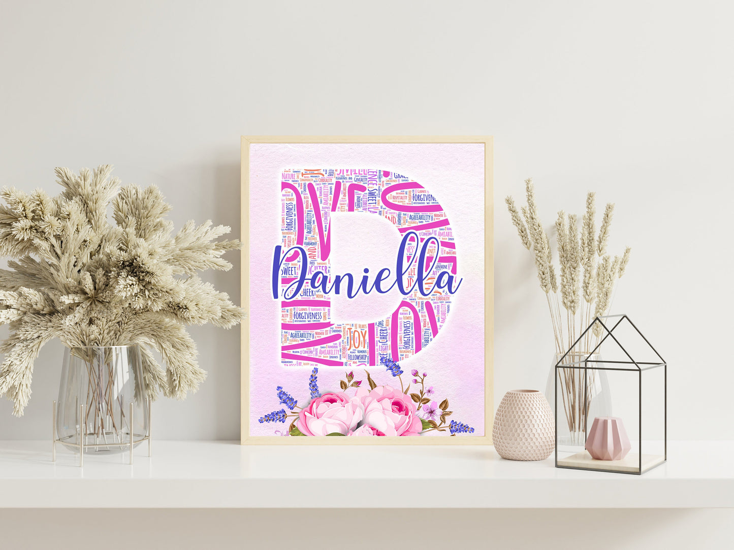 Custom Initial And Name Art Print, Custom Flower Print, Love Wall Decor