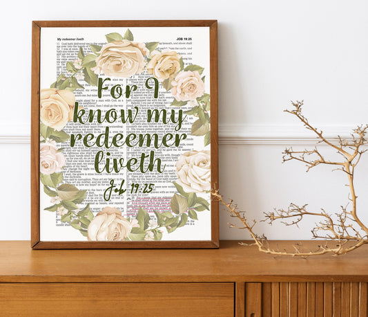 Bible Job 19:25 Dictionary Art Print, Flower Wreath Art Decor