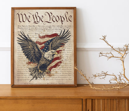 We The People Document Art Print, Patriotic, 4th Of July Art, American Flag Art, Eagle Decor