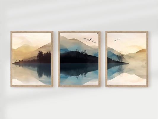 Abstract Forest Mountains Sunset 3 Print Set Wall Decor, Simplistic Art, Watercolor Art, Watercolor Sunset