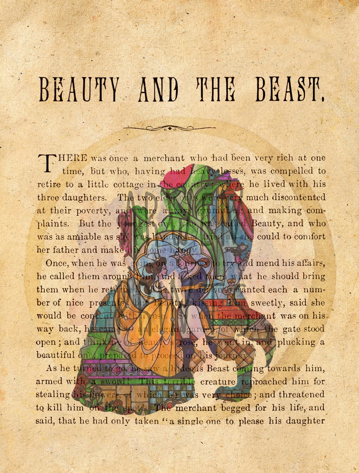 Beauty and the Beast Silhouette Stained Glass Book Page Art Print