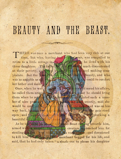 Beauty and the Beast Silhouette Stained Glass Book Page Art Print