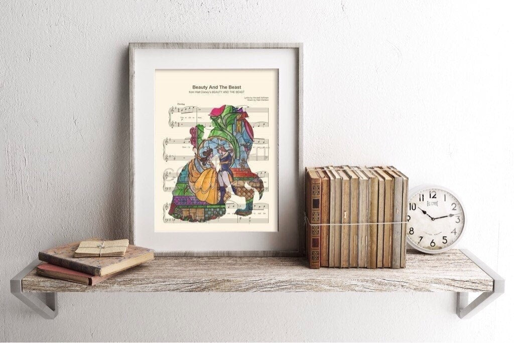 Beauty and the Beast Silhouette Stained Glass Tale As Old As Time Sheet Music Art Print