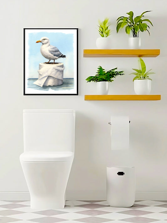 Seagull On Toilet Paper In Ocean Print, Funny Wall Art, Seagull Decor, Wall Art, Seagull Wall Art, Seagull