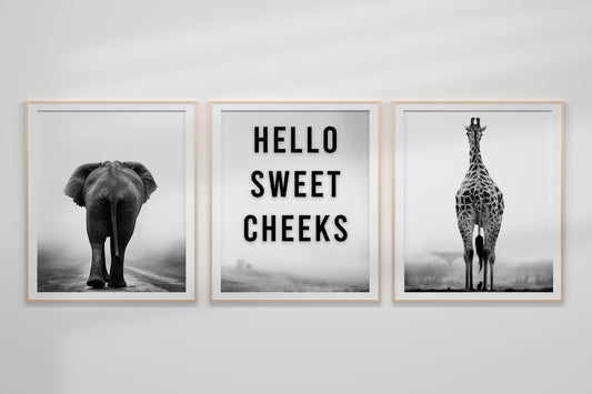 Hello Sweet Cheeks Bathroom Decor, Black and White Classic Wall Decor, Art Print Set, Funny Bathroom Decor, Animal Wall Art, Elephant Decor