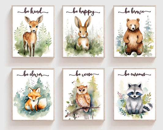 Cute Animal Art Print Set, Positive Art, Nursery Wall Decor, Boho Wall Decor, Classroom Art, Watercolor
