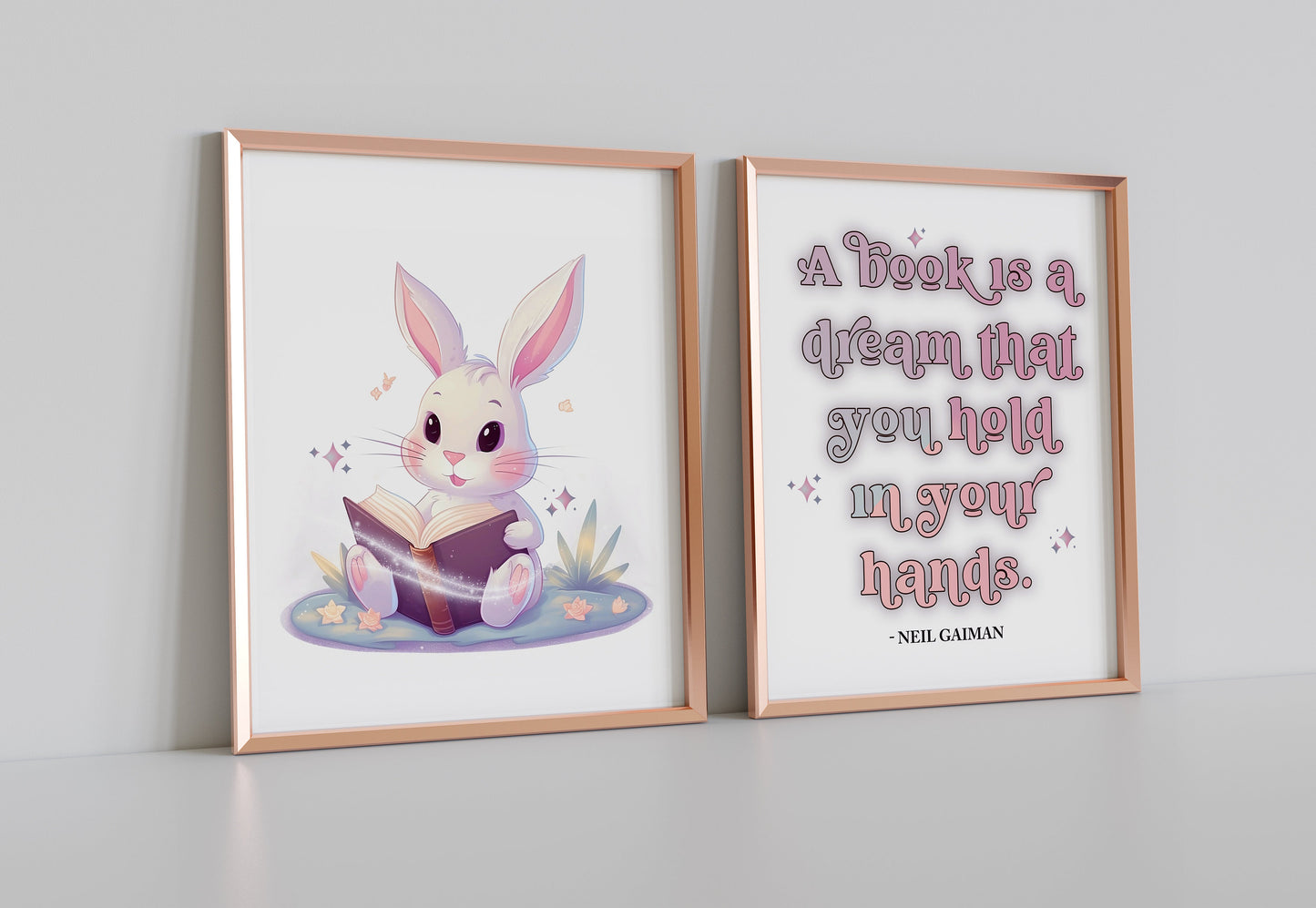 A Book Is A Dream That You Hold In Your Hands Cute Bunny Art Set, Nursery Art, Bunny Reading Book
