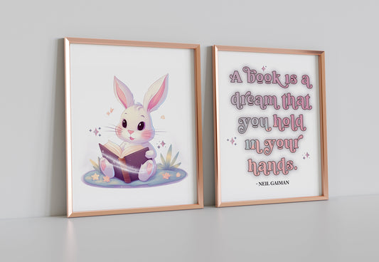 A Book Is A Dream That You Hold In Your Hands Cute Bunny Art Set, Nursery Art, Bunny Reading Book