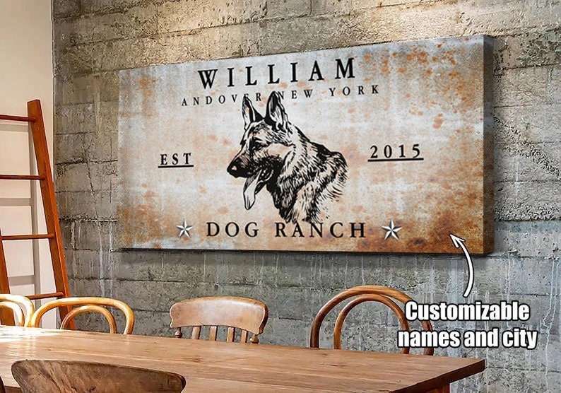 Custom Family Farmhouse Dog Ranch Canvas, Personalized Last Name Rustic Wall Art Sign