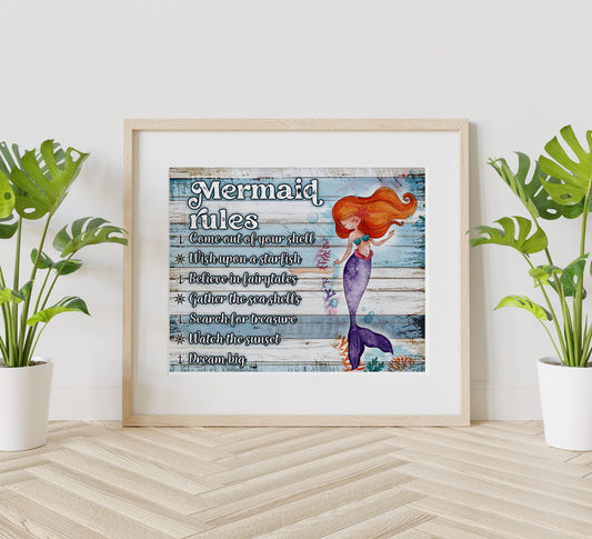 Mermaid Rules, Little Girl Art, Nursery Art, Bathroom Art, Cute Wall Decor