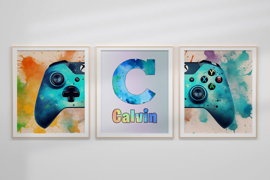 Game Room Custom 3 Print Set Wall Decor, Colorful Art, Watercolor Art, Watercolor Game Room Set, Game Controller