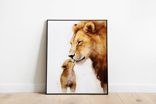 Lion And Cub Kissing Watercolor Illustration Art Print, Lion Nursery Art, Lion Boho Art, Animal Nursery Art, Nursery Decor, Boho Art