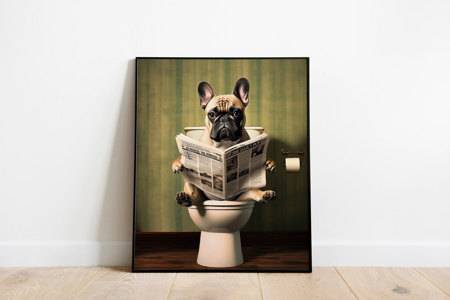 Pug Sitting On Toilet Reading The Newspaper Print, Funny Wall Art, Pug Decor, Wall Art, Pug Wall Art, Pug