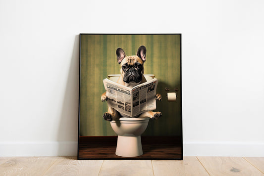 Pug Sitting On Toilet Reading The Newspaper Print, Funny Wall Art, Pug Decor, Wall Art, Pug Wall Art, Pug