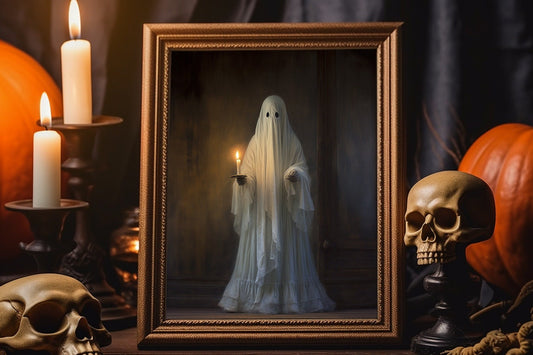 Halloween Vintage Ghost Holding A Candle Art Print, Vintage Halloween, Vintage Haunted House Art, Halloween Wall Decor