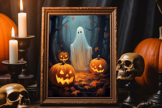 Halloween Ghost Standing In Forest With Pumpkins Art Print, Vintage Halloween, Vintage Haunted House Art, Halloween Wall Decor, Pumpkin Art