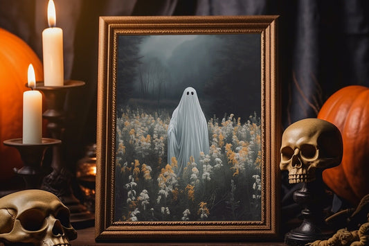 Halloween Vintage Ghost Standing In Field of Flowers Art Print, Vintage Halloween, Vintage Haunted House Art, Halloween Wall Decor