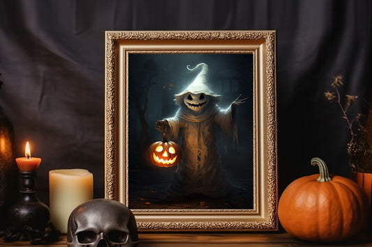 Halloween Ghost Dressed Up Holding Pumpkin Illustration Art Print Wall Decor, Halloween Wall Decor