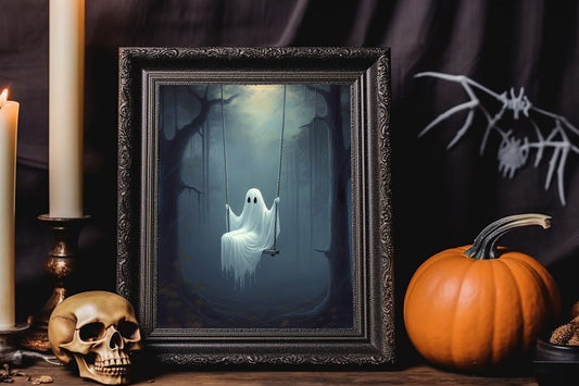 Halloween Vintage Ghost On Tree Swing In Forest Art Print, Vintage Halloween, Vintage Haunted House Art, Halloween Wall Decor