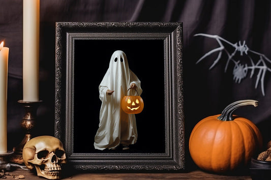 Halloween Cute Ghost Holding Candy Pumpkin Illustration Wall Decor, Halloween Art
