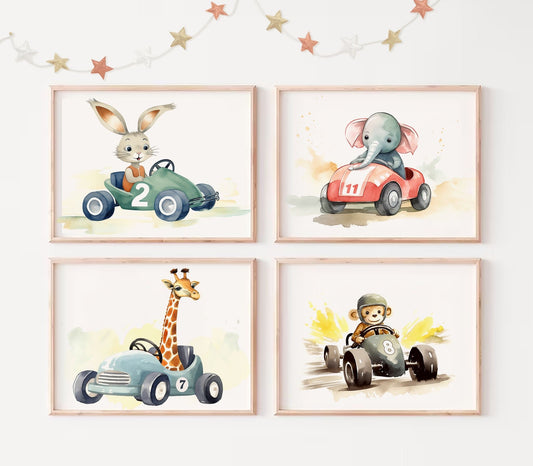 Animals Racing Four Print Set Sheet Art Prints, Nursery Art Print Set, Classroom Decor