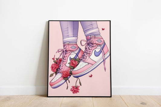 Pink And Purple Nike Shoes With Roses Art Print, Colorful Art, Colorful Wall Decor, Teen Girl Decor