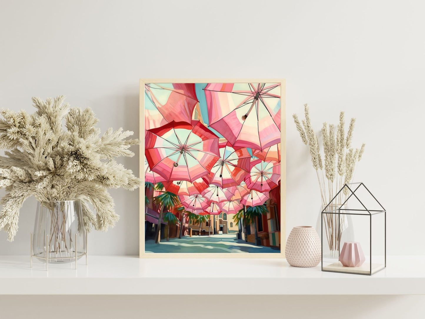 Retro Pink Print Maximalist Beach Umbrella Painting Pink Apartment Decor Girly Printable Wall Art