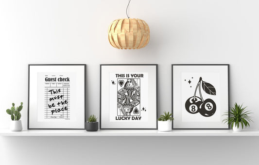 Lucky Day Black and White Wall Decor Art Print Set, Bathroom Decor, Eight Ball Art, Cherry Art