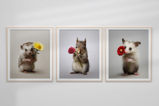 Animal Flower Neutral Baby Nursery Art, Neutral Porcupine Art, Nursery Decor, Boho Art, Squirrel Art, Possum Art