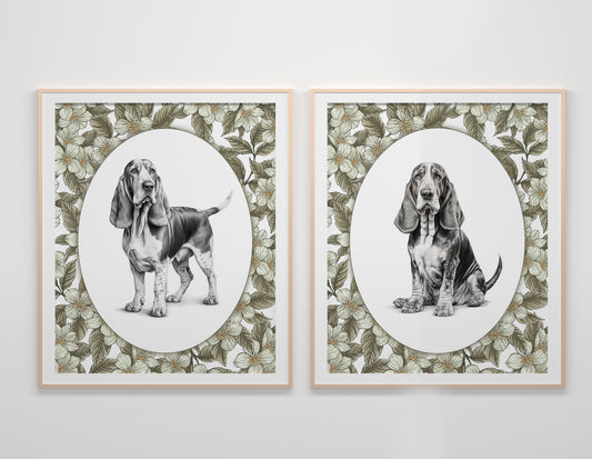 Basset Hound Vintage Print Nursery Decor, Puppy Nursery, Vintage Floral, Girl Boy Room