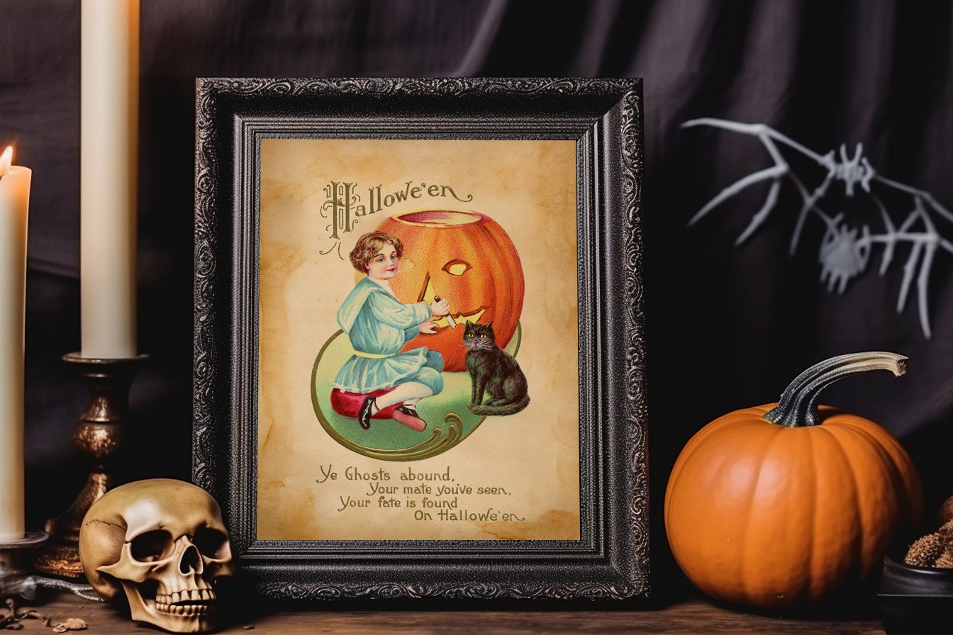 Halloween Vintage Girl Carving Pumpkin With Black Cat Art Print, Vintage Halloween, Vintage Halloween Illustration, Vintage Halloween