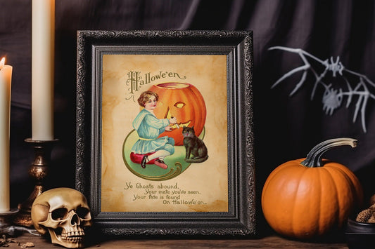 Halloween Vintage Girl Carving Pumpkin With Black Cat Art Print, Vintage Halloween, Vintage Halloween Illustration, Vintage Halloween