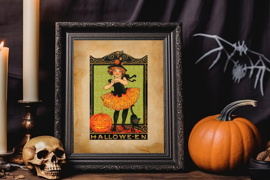 Halloween Vintage Young Witch With Black Cat And Pumpkin Art Print, Vintage Halloween, Vintage Halloween Illustration, Vintage Halloween