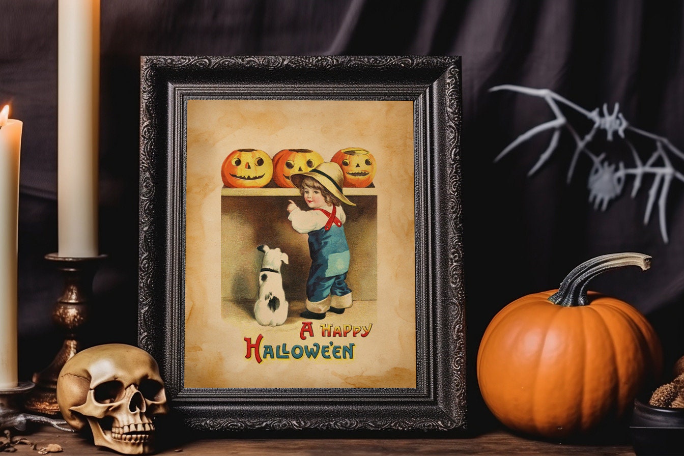 Halloween Vintage Young Girl With Dog And Pumpkins Art Print, Vintage Halloween, Vintage Halloween Illustration, Vintage Halloween