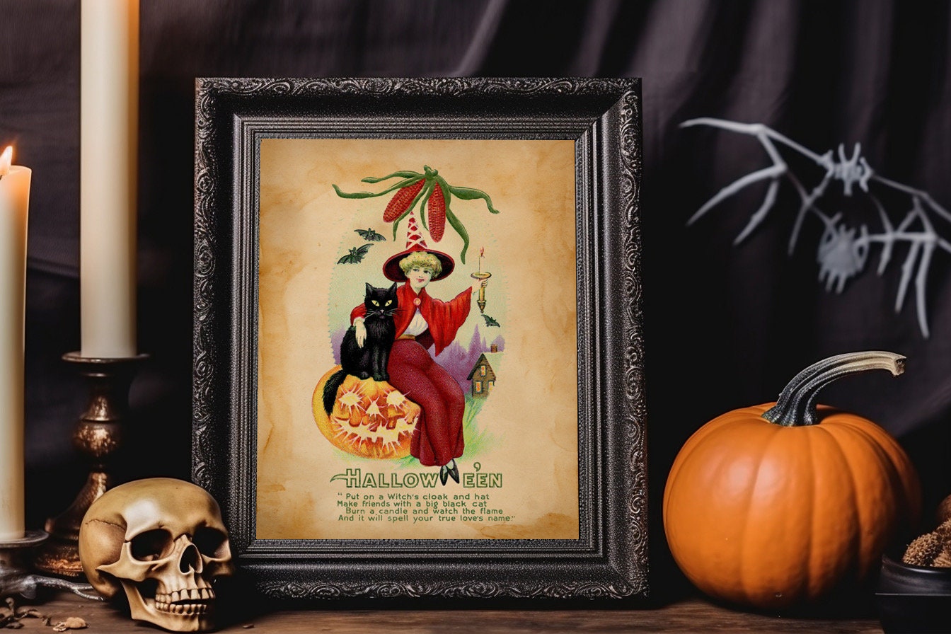 Halloween Vintage Witch Sitting On Pumpkin With Black Cat And Holding Candle Art Print, Vintage Halloween, Vintage Halloween Illustration