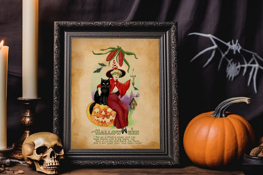 Halloween Vintage Witch Sitting On Pumpkin With Black Cat And Holding Candle Art Print, Vintage Halloween, Vintage Halloween Illustration