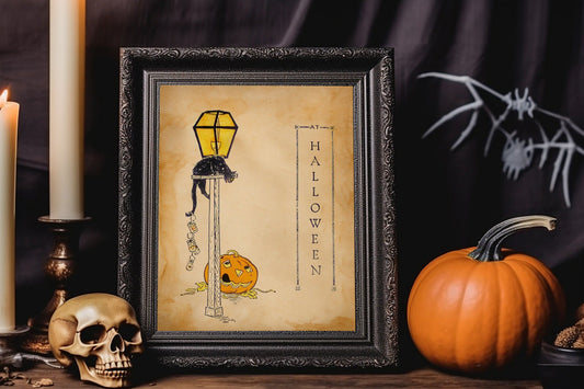 Halloween Light Pole Lantern With Black Cat And Pumpkin Halloween Art Print, Halloween Deco, Halloween Vintage Illustration