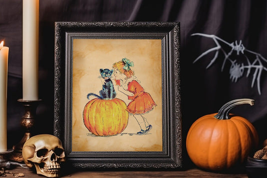 Halloween Vintage Black Cat Sitting On Pumpkin With Young Girl Art Print, Vintage Halloween, Vintage Halloween Illustration