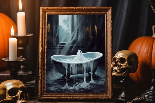 Halloween Vintage Ghost Taking A Bath Art Print, Vintage Halloween, Vintage Haunted House Art, Halloween Wall Decor, Halloween Bath Decor