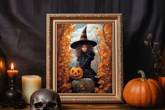 Halloween Young Witch In A Forest With A Pumpkin Art Print, Fall Decor, Vintage Halloween Illustration, Vintage Halloween