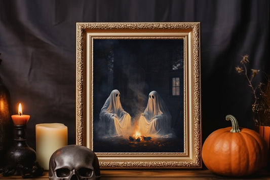 Halloween Vintage Ghosts Having A Bonfire Art Print, Vintage Halloween, Vintage Haunted House Art, Halloween Decor, Unique Halloween Decor