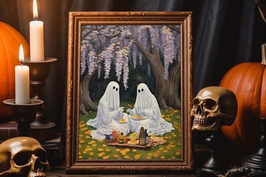 Halloween Vintage Ghosts Having A Picnic In Forest Art Print, Vintage Haunted House Art, Halloween Decor, Unique Halloween Decor