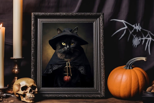 Halloween Vintage Cat Wearing A Cape Art Print, Vintage Halloween, Halloween Cat Art, Black Cat, Halloween Vintage Illustration
