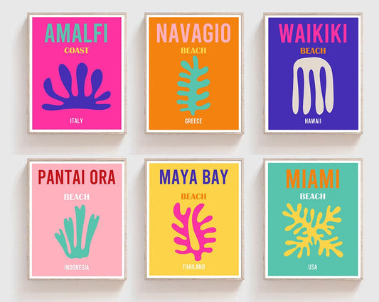 Beaches Art Print Set, Boho Wall Decor, Colorful Wall Decor, Miami, Thailand, Indonesia, Hawaii, Greece, Italy