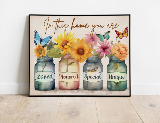 Encouraging Colorful Flowers In Mason Jars With Butterflies Art Print, Rainbow Art, Encouraging Art, Positive Art