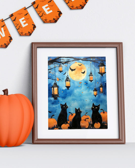 Black Cats Looking Up At Moon With Bats, Pumpkins And Hanging Lanterns Halloween Art Print, Halloween Deco, Halloween Vintage Illustration