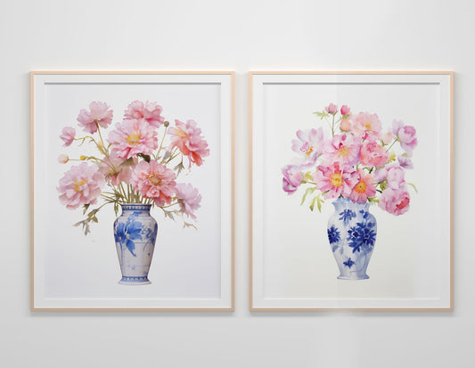 Pink Flowers In Blue Vase Boho Art Print Set